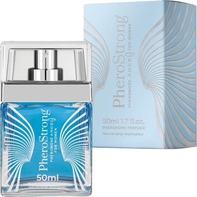 Frasco de perfume azul com tampa transparente e caixa azul claro com detalhes prateados