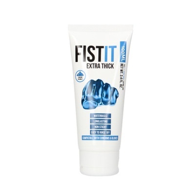 Frasco branco de creme FISTIT EXTRA THICK com imagem de punho e texto azul