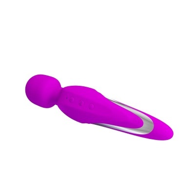 Massageador corporal vibrador roxo com botões e detalhes prateados