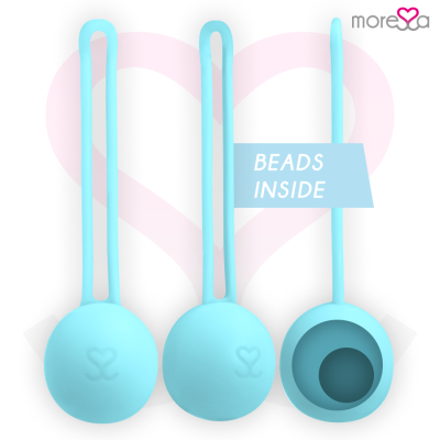 Três bolas kegel azuis de silicone com anel e texto BEADS INSIDE
