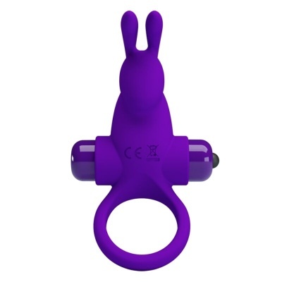 Anel vibratório roxo em forma de coelho com cápsulas vibratórias