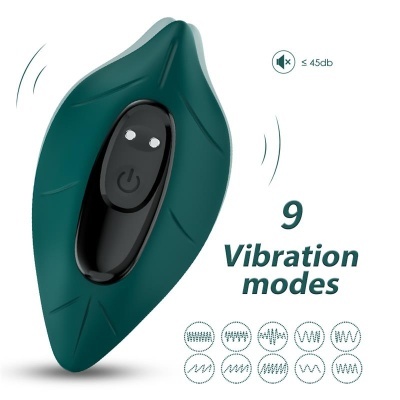 Dispositivo vibratório verde folha com botão preto e texto 9 Vibration modes