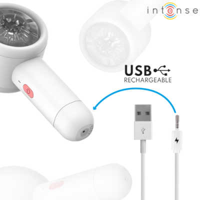 Dispositivo portátil branco com botão rosa e cabo USB para carregar