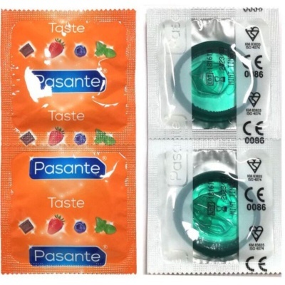 Preservativos Pasante Taste em embalagens laranja e preservativos verdes em embalagens transparentes
