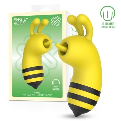 Massageador amarelo e preto em forma de abelha com embalagem verde