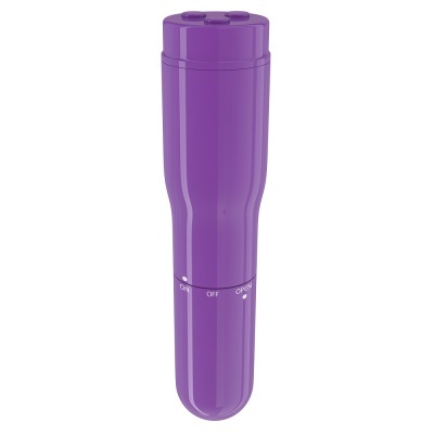 Produto cilíndrico roxo de plástico com marcas ON, OFF e OPEN