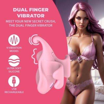 Vibrador rosa com texto promocional e mulher de lingerie rosa ao lado
