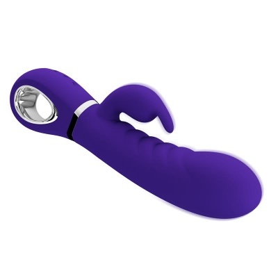 Vibrador roxo de silicone com botão prateado e suporte metálico
