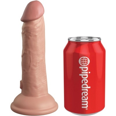 Dildo com textura realista cor pele junto a lata vermelha com texto Pipedream