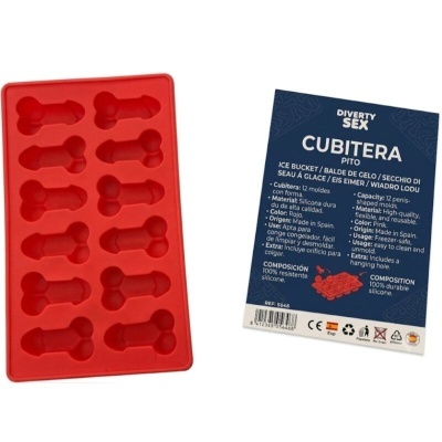 Forma silicone vermelha para gelo forma pénis com embalagem azul Diverty Sex Cubitera Pito.