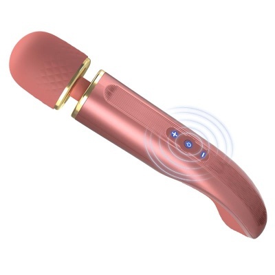 Massageador cor de rosa com detalhes dourados e botões azuis iluminados
