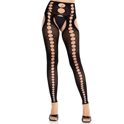 Collants pretos recortados com desenho de círculos e tanga preta