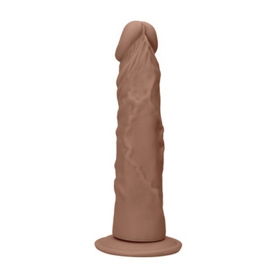 Dildo castanho com textura e base alargada em fundo branco