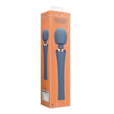Vibrador massageador azul em caixa laranja com texto em inglês