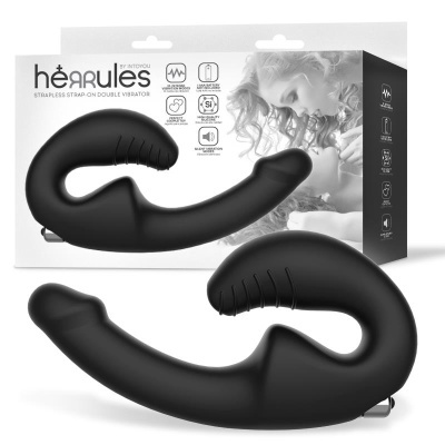 Vibrador duplo strapless preto e embalagem com texto e imagem de casal em preto e branco