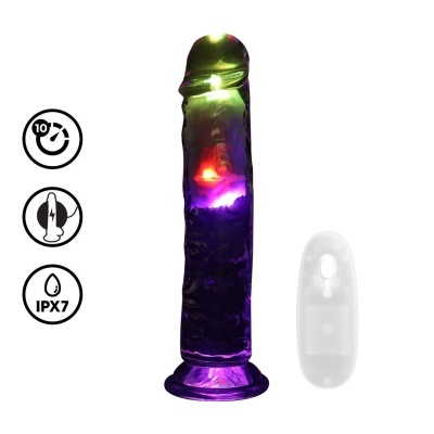 Vibrador roxo com luzes internas e controle remoto branco