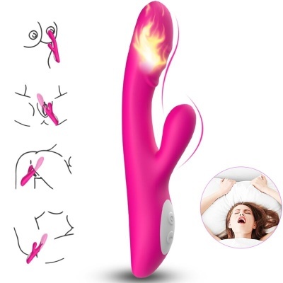 Vibrador rosa com duas extremidades e desenhos de utilização