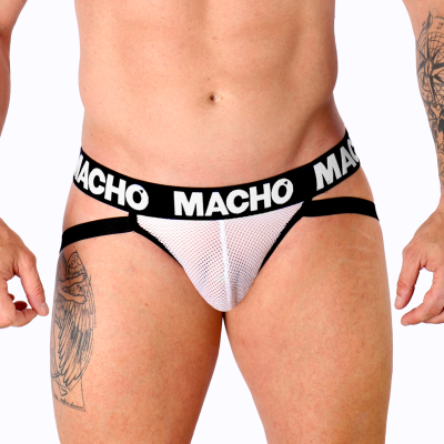 Cuecas jockstrap brancas de rede com elástico preto com palavra MACHO