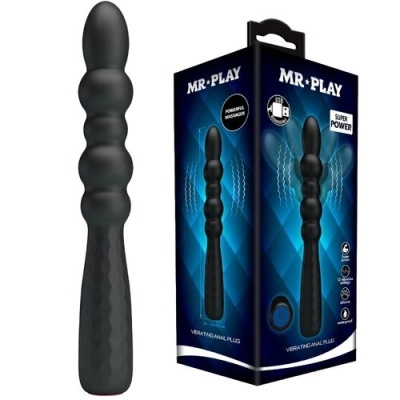 Plug anal vibratório preto com embalagem azul MR PLAY