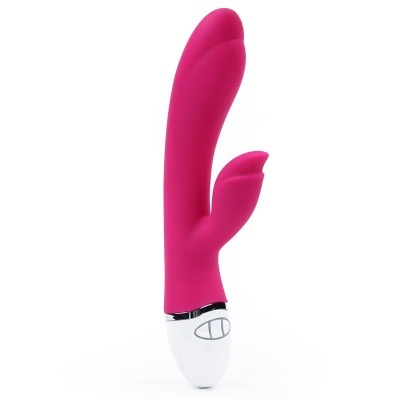 Vibrador cor-de-rosa com duas hastes e base branca com botões