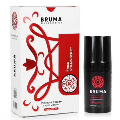 Embalagem branca e vermelha e frasco preto com vibrador líquido sabor fresa.