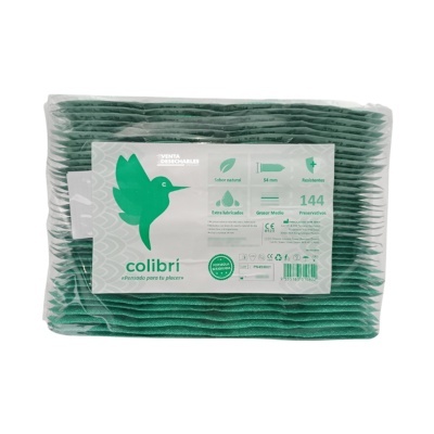 Pacote com 144 preservativos colibrí verdes embalados individualmente