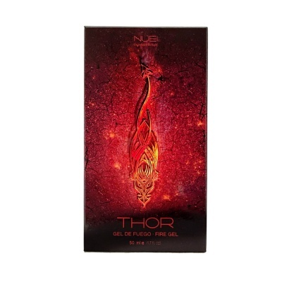 Embalagem preta e vermelha com desenho de fogo e texto THOR GEL DE FUEGO
