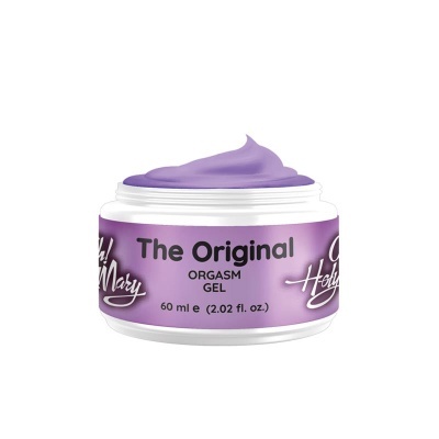 Frasco branco com gel roxo e rótulo roxo com texto