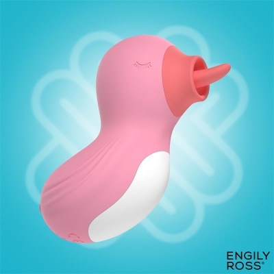 Brinquedo ou acessório em forma de pássaro cor-de-rosa e branco com bico coral e olhos desenhados fechados