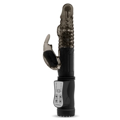 Vibrador translúcido cinzento com textura espiral e controlo digital preto