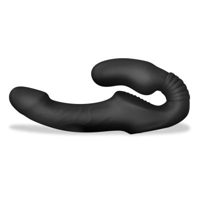 Vibrador preto curvo com duas extremidades e textura lisa.