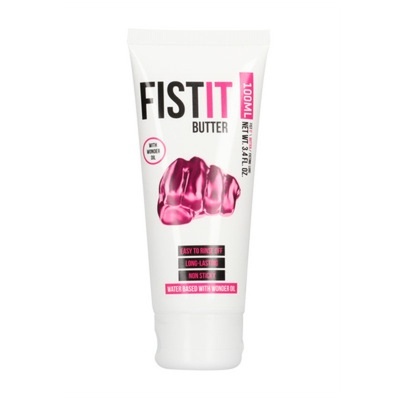 Tubo branco de creme FIST IT BUTTER 100ML com punho rosa desenhado
