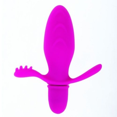 Dispositivo rosa de silicone com forma alongada e texturas, sobre fundo branco
