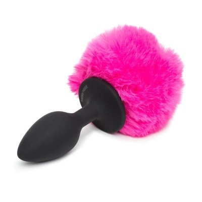 Plug anal preto com base e pelúcia rosa
