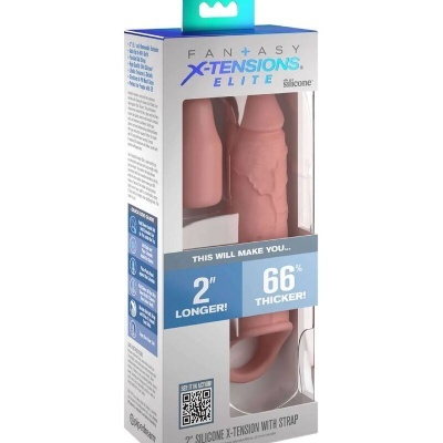 Produto sexual em silicone Fantasy X-Tensions Elite na embalagem com texto e código QR
