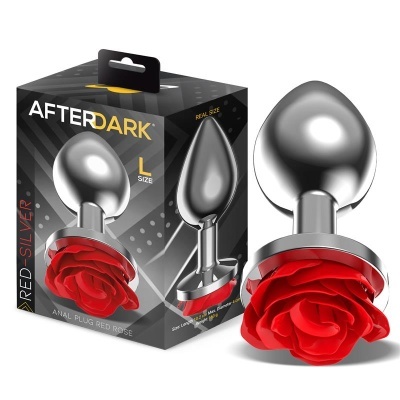 Plug anal prateado com base de rosa vermelha na caixa preta AfterDark