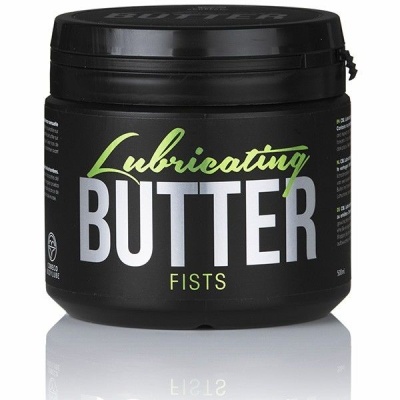 Pote preto de Lubricating Butter Fists com texto verde e branco