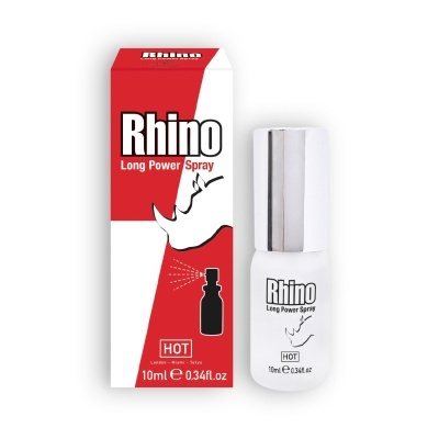 Spray Rhino Long Power Spray com embalagem vermelha e branca e frasco branco de 10ml