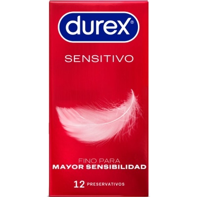 Caixa vermelha de preservativos Durex Sensitivo com pena branca