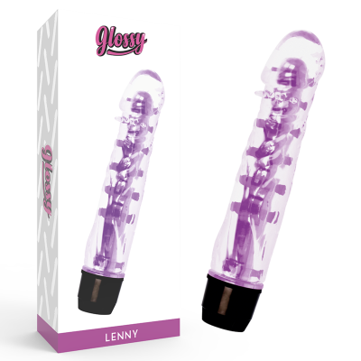 Vibrador transparente roxo com base preta ao lado da embalagem Glossy