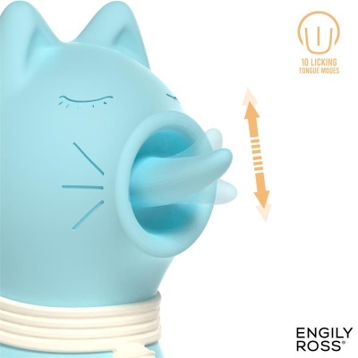 Dispositivo azul em forma de gato com língua móvel e texto explicativo