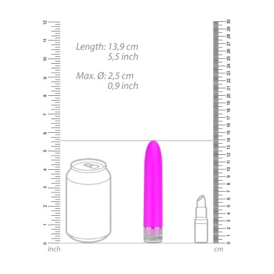 Vibrador cor-de-rosa com base transparente e medida ao lado