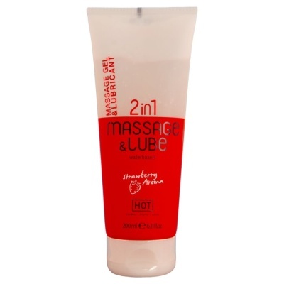 Frasco de gel massageador e lubrificante 2 em 1 aroma morango com rótulo vermelho