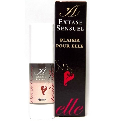 Frasco de perfume Extase Sensuel Plaisir e a sua caixa preta com texto e coração vermelho