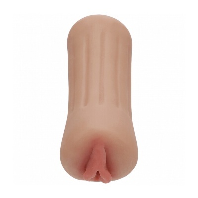 Capa protetora em silicone cor bege com entrada simulando uma vulva.