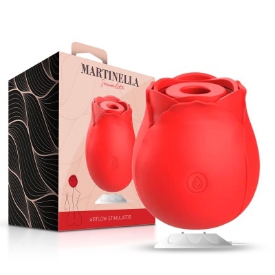 Estimulador vermelho em forma de rosa com embalagem