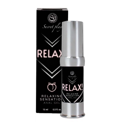 Frasco de gel anal RELAX! da Secret Play com embalagem preta e tampa prateada