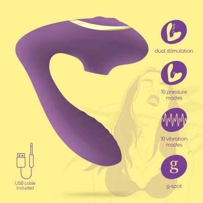 Dispositivo de estimulação dupla roxo em fundo amarelo com texto e ilustração