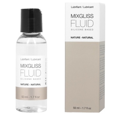 Frasco e caixa do lubrificante Mixgliss Fluid com rótulo branco e bege.