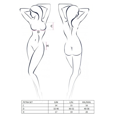 Esquema de medidas corporais femininas com tabela de tamanhos PETRA SET.